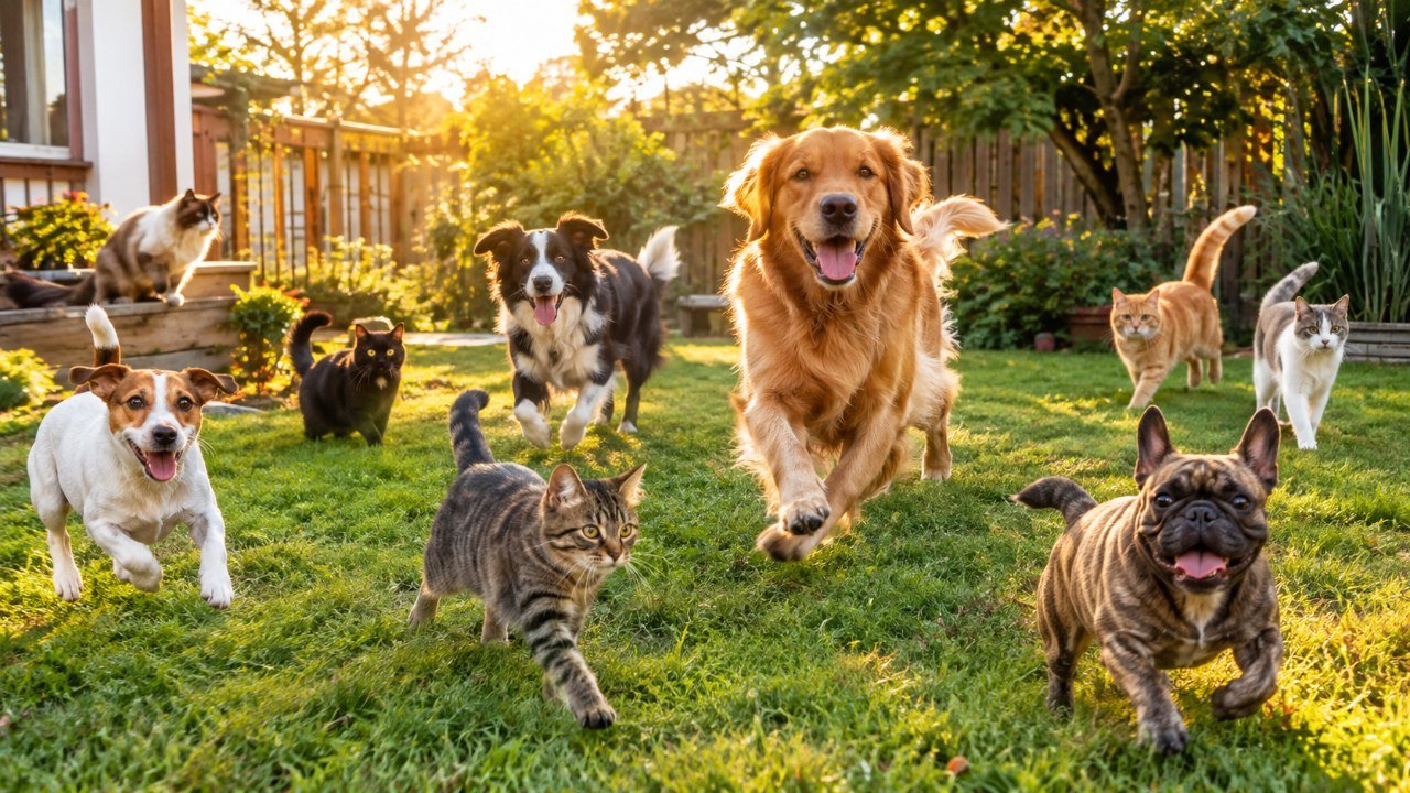 Pets brincando felizes no quintal — blog Mundo Pet Feliz, projeto próprio DigFusion